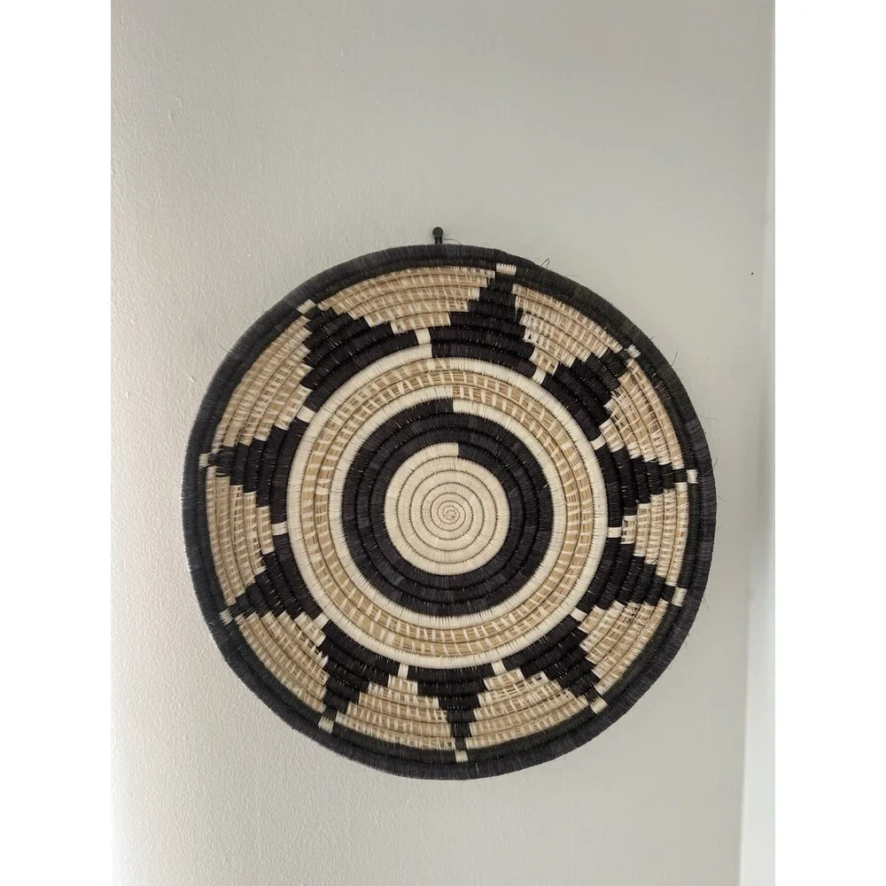 Round Woven Hanging Basket Black & Beige 17 in Coiled Wall Basket Geometric